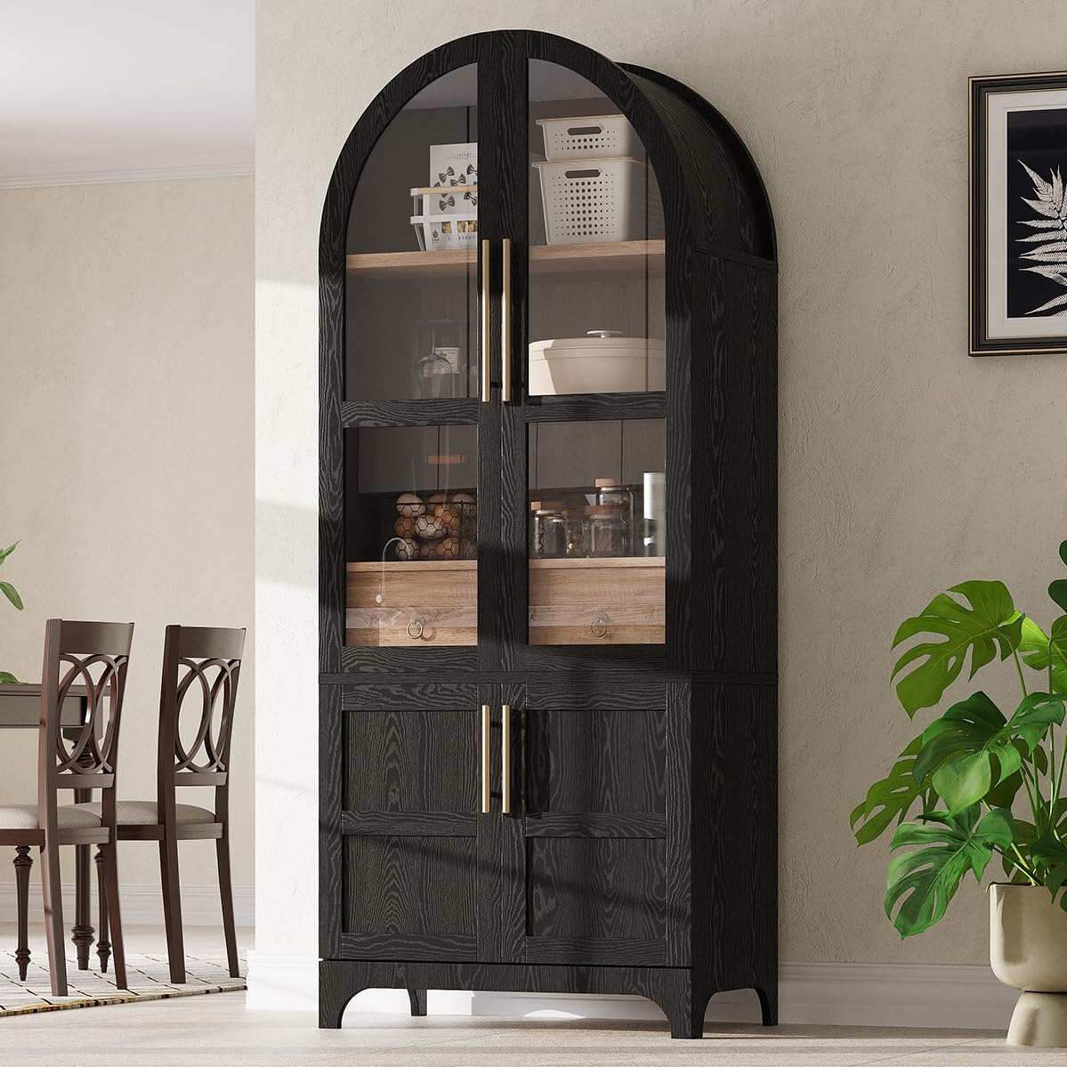 Arched Kitchen Pantry Cabinet with Hidden Drawer and Spice Rack, Arched Bookshelf with Storage Cabinet & Glass Doors, Versatile Cupboard for Living Room & Dining Room (Black)