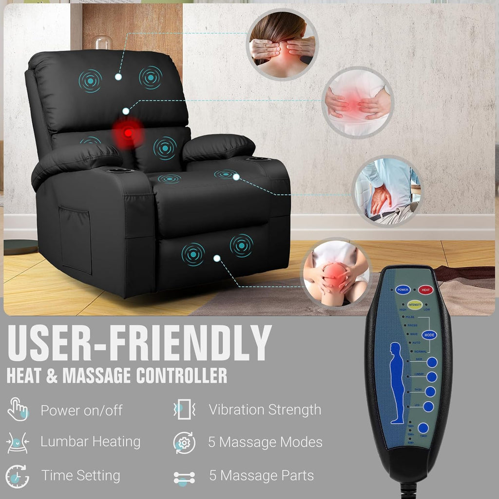 LAFWELL Rocking Recliner Chair, Massage Rocker Recliner Chair with Vibration Massage and Heat, 360° Swivel Faux Leather Chairs, Living Room, Bedroom, Nursery, RV, Black