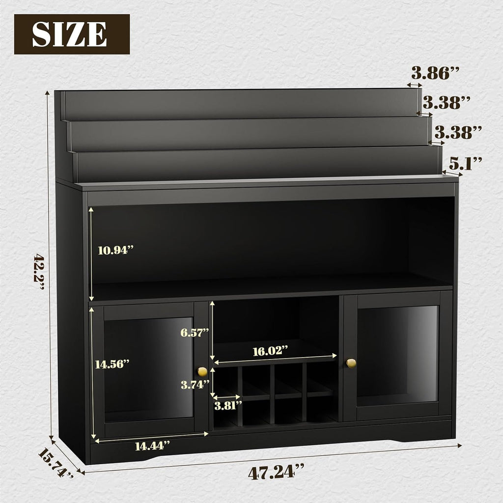 Loomie Wine Bar Cabinet with LED Lighted Liquor Bottle Display Shelf, Liquor Cabinet with Glass Holder, Coffee Bar for Liquor, Storage Buffet with Wine Racks, Wine Cabinet with Door (Black)