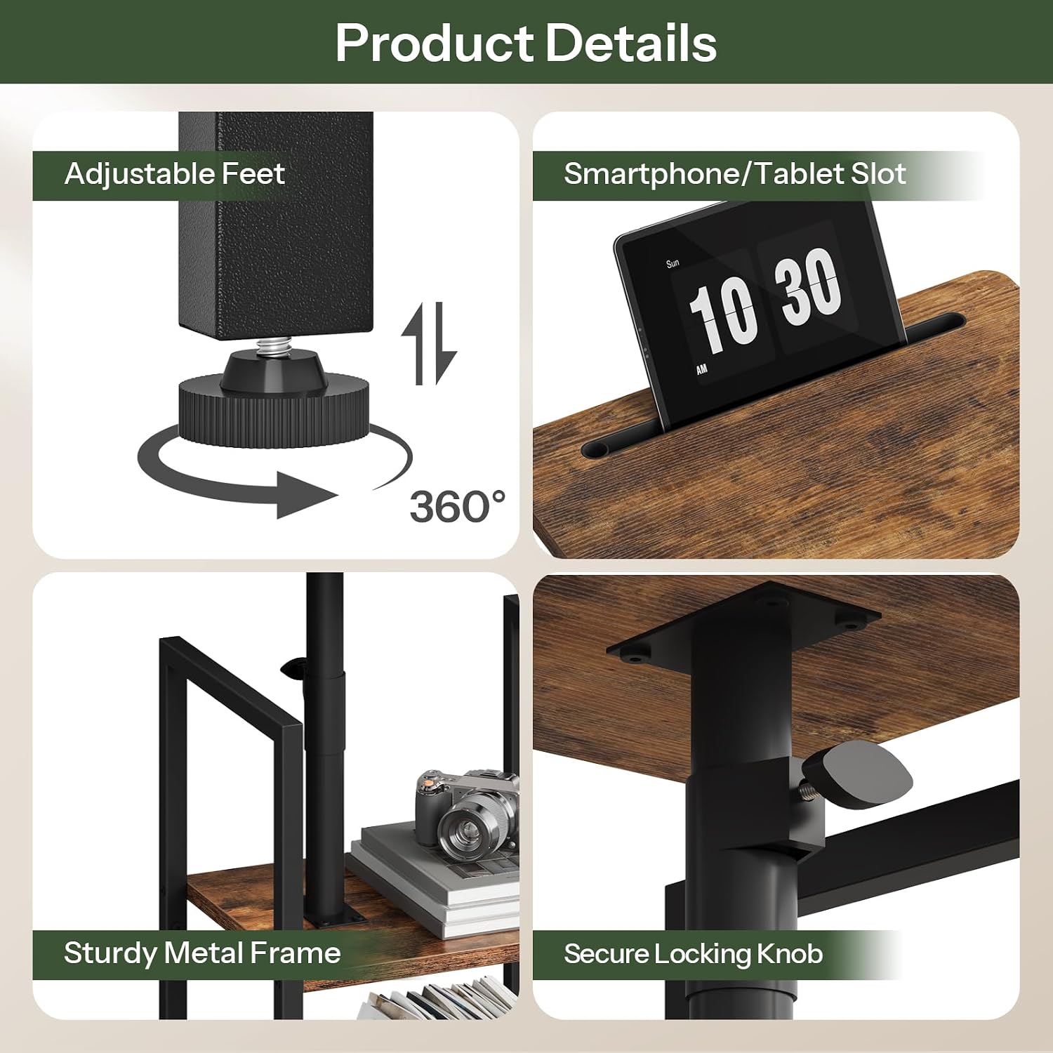 CHOEZON 360° Swivel Height Adjustable Side Table with Swivel Tabletop, 3-Tier End Table for Small Space, Nightstand with Storage, for Couch, Living Room, Bedroom, Rustic Brown and Black TBZ22BF