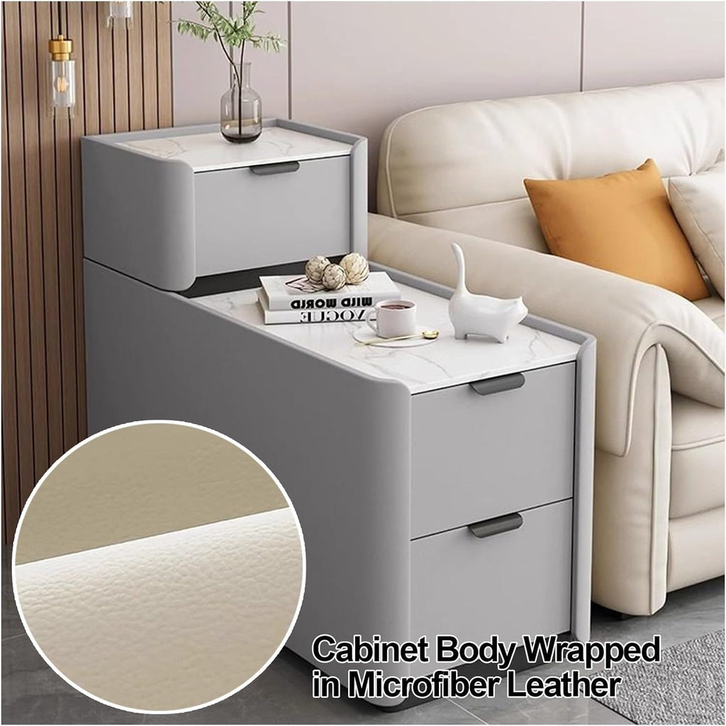 Modern Sofa Side Table with 3 Drawers, PU Leather Nightstand with Silent Rails, Pine Wood Frame, for Small Spaces, Living Room Bedroom(Gray,31.5x11.8x30.7in)