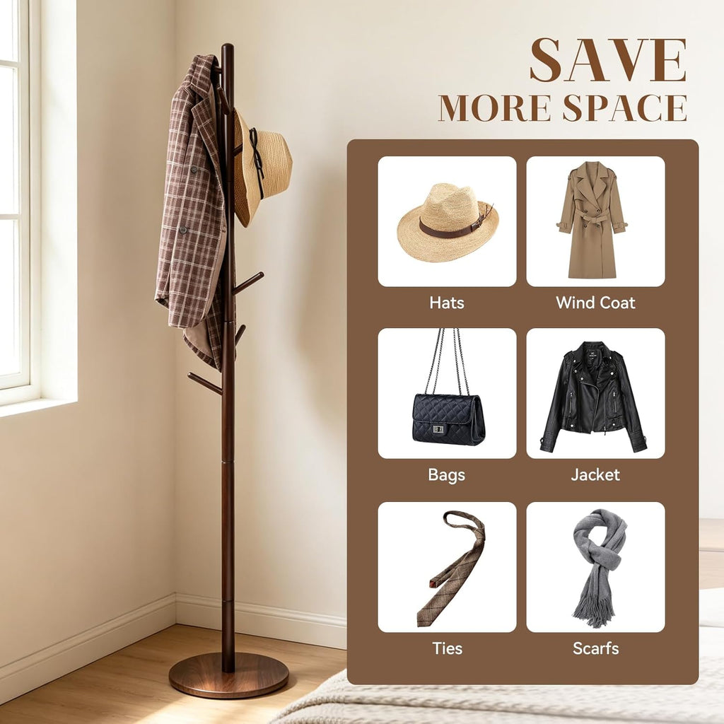 Wooden Coat Rack Freestanding, Corner Bag Purse Coat Hat Rack Tree Hanger Stand Holder Wood Modern Entryway Office Decor Furniture for Small Spaces Standing Heavy Duty Clothes Clothing Rack Hall Tree