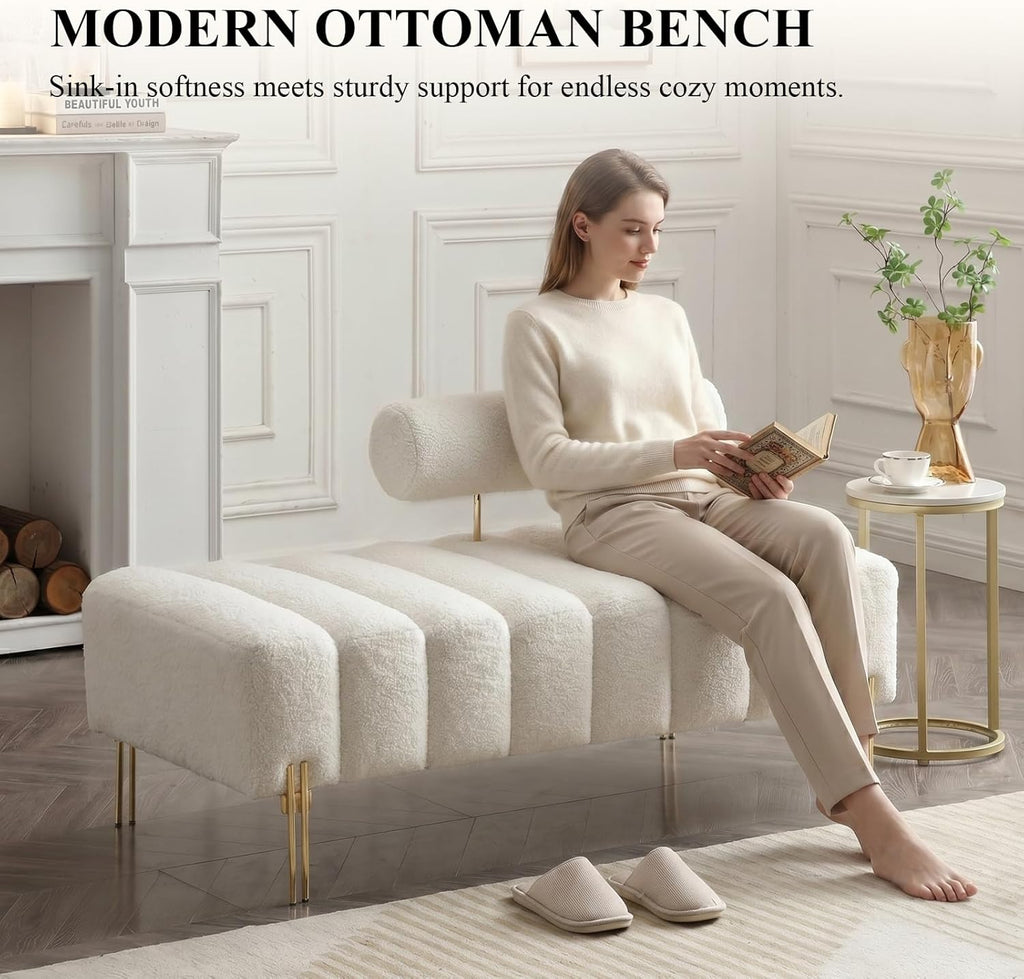 53.2" Width Ottoman Bench, Teddy Upholstered Accent Sofa with Metal Legs, Comfy Love Seat Couches with Adjustable Backrest, End of Bed Bench for Bedroom, Entryway (Beige-Teddy)