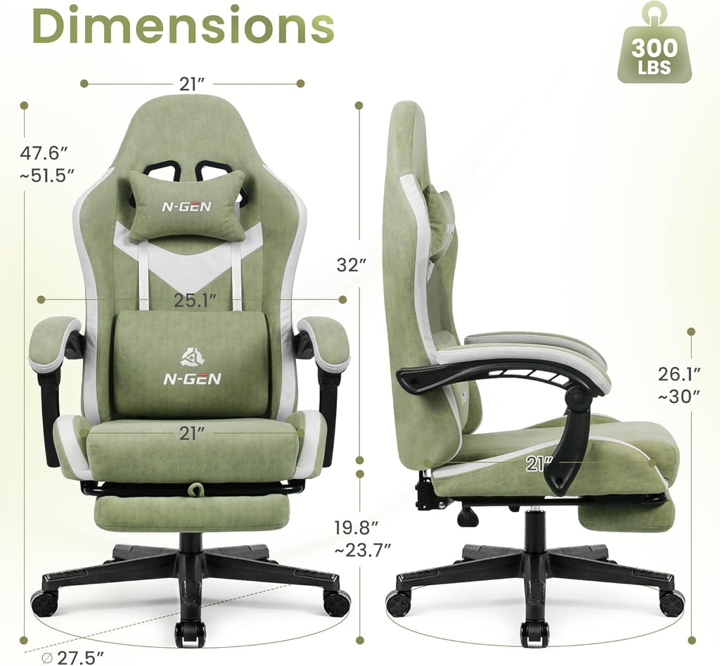 N-GEN GAMING Gaming Chair Video Game Computer Office Desk Use Ergonomic Reclining Backrest Adjustable Armrests Lumbar Support Footrest High Density Foam Breathable Fabric Heavy Duty Base (Green)