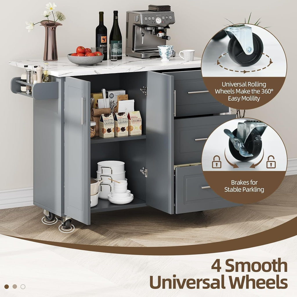 4 EVER WINNER Kitchen Island on Wheels with Storage and Drop Leaf, Faux Marble Texture Tabletop, 43" Kitchen Island Cart with Towel Rack & Spice Rack, Rolling Islands Cart for Kitchen, Gray