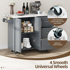4 EVER WINNER Kitchen Island on Wheels with Storage and Drop Leaf, Faux Marble Texture Tabletop, 43" Kitchen Island Cart with Towel Rack & Spice Rack, Rolling Islands Cart for Kitchen, Gray