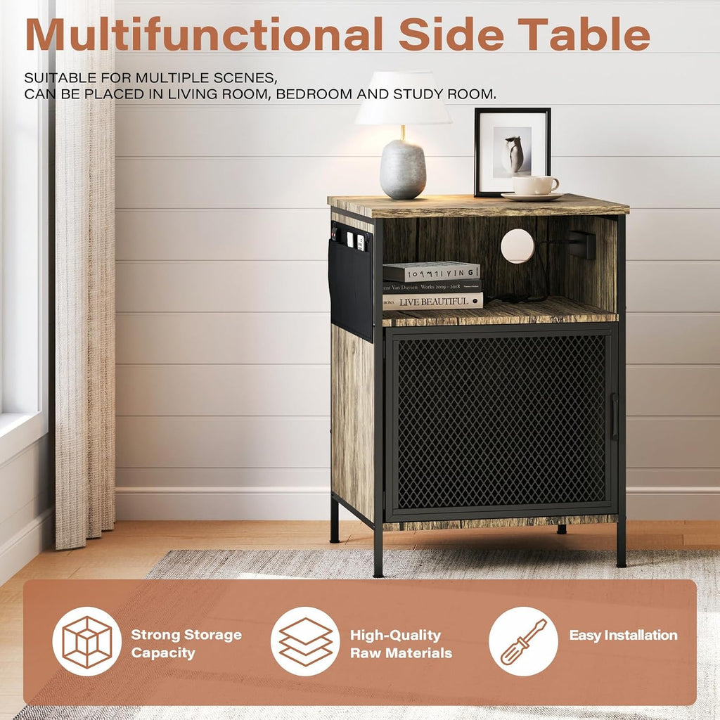 End Table with USB Charging Hub & Storage Pocket, Modern Metal Side Table Adjustable Feet for Bedside, Living Room