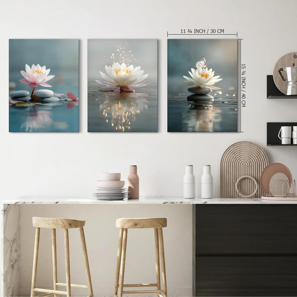 Calm Zen Lotus Stacked Stones Spa Wall Art, Modern Spiritual Lotus Blooming on Stones Artworks for Zen Office Serene Home Deco Meditation Rooms Yoga Studios and Zen Enthusiasts - Framed, 12"x16"x3