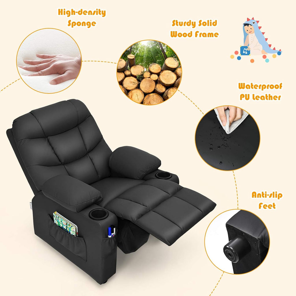 MAT EXPERT Kids Recliner, Leather Adjustable Reading Gaming Chair w/ 2 Cup Holder, 3 Side Pocket Storage & Footrest, Kids Couch Toddler Lounge Chair for Boys Girls, Kids Room Playroom Nursery (Black)