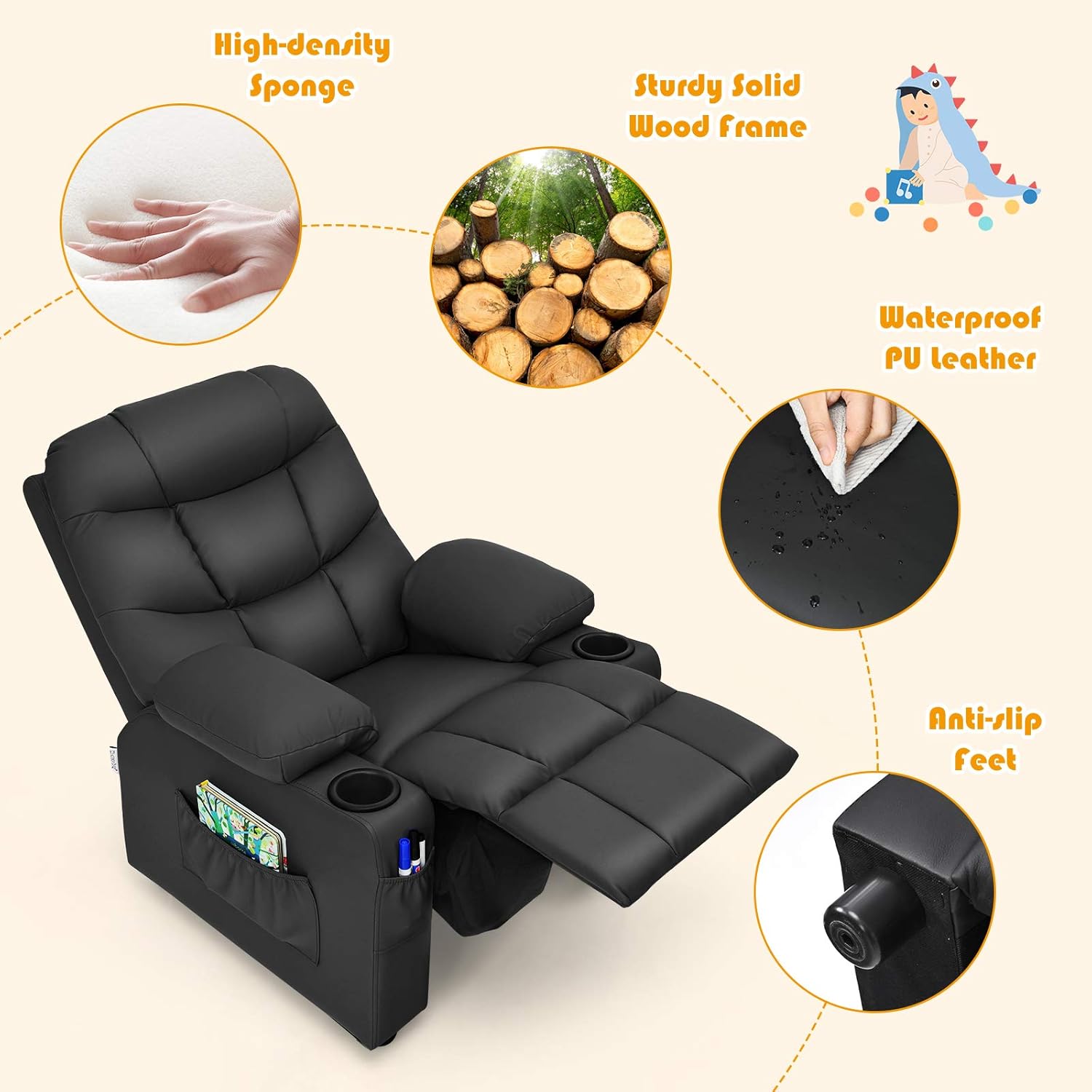 MAT EXPERT Kids Recliner, Leather Adjustable Reading Gaming Chair w/ 2 Cup Holder, 3 Side Pocket Storage & Footrest, Kids Couch Toddler Lounge Chair for Boys Girls, Kids Room Playroom Nursery (Black)