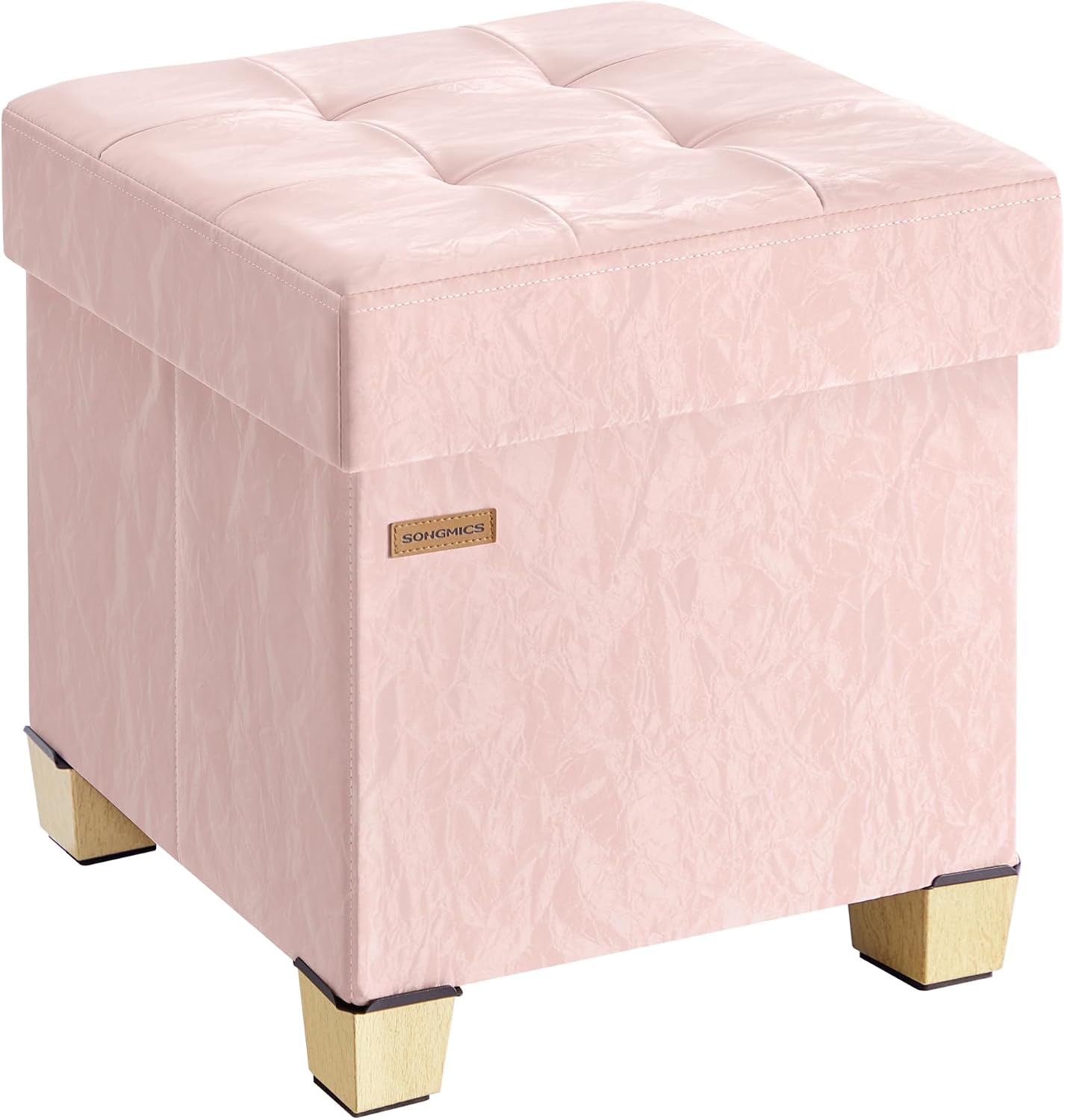 SONGMICS Storage Ottoman, Textured PU Leather Footstool with Legs, Footrest with Cushion, for Living Room and Bedroom, 15 x 15 x 15.7 Inches, Pink, Minota Collection ULSF523WD01