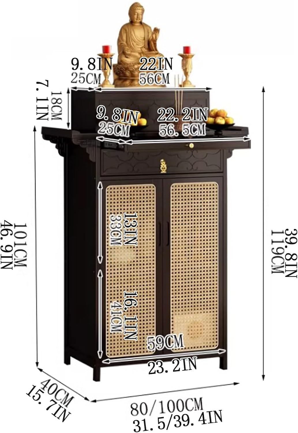 Chinese Shrine Altar Table with Storage, Bamboo Buddha Buddhist Altar Cabinet, Offering Meditation Table with Plastic Rattan Door, for Living Room, Temples(Black,100cm/39.3in)