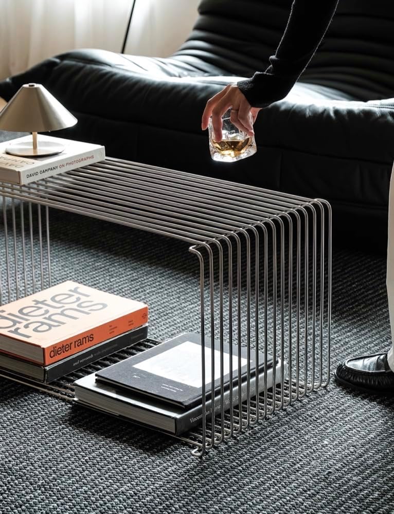 Stainless Steel Side Table,Square Geometry Retro Side Table Linear Metal End Table,Wire Cube Storage Rack, Book Stackable, Stainless Steel Coffee Table，Multi-Purpose Accent Table