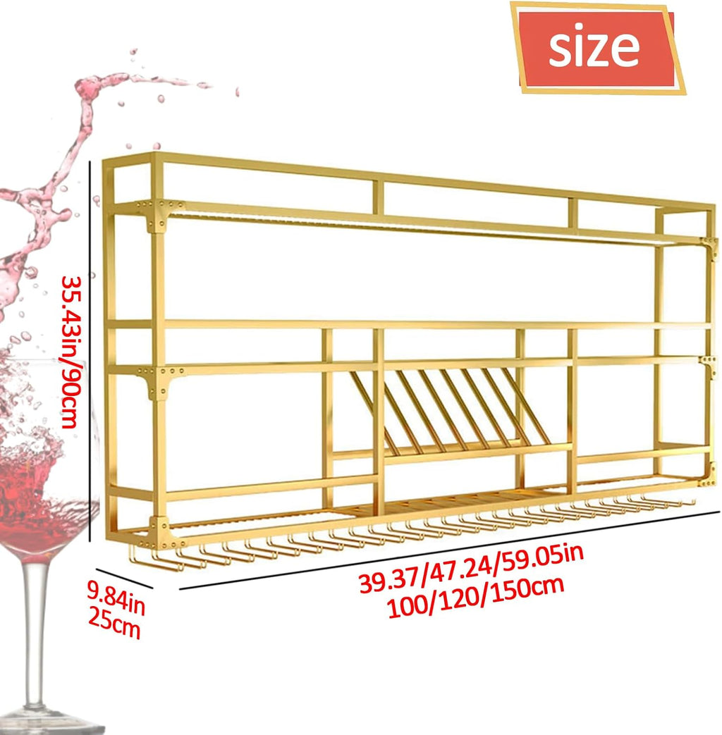 59in Wall Mounted Wine Rack, Floating Industrial Liquor Glass Holder 3 Tiers, Large Metal Wine Bottle Display Rack Hanging Shelf, for Home Bar Dining Room Decorative