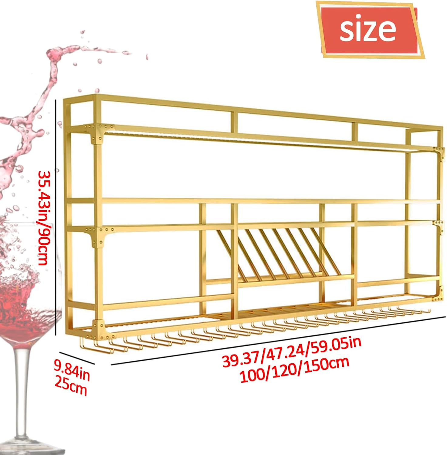 59in Wall Mounted Wine Rack, Floating Industrial Liquor Glass Holder 3 Tiers, Large Metal Wine Bottle Display Rack Hanging Shelf, for Home Bar Dining Room Decorative