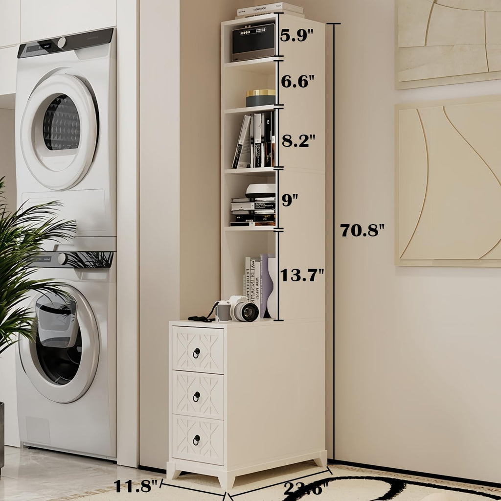 Kavie Wood Narrow Tall End Tables, Nightstand with Open Shelf & 3 Drawers, Adjustable Storage Bookcase for Living Room, Bedroom Corner (White,11.8" L*23.6" W*70.8" H)