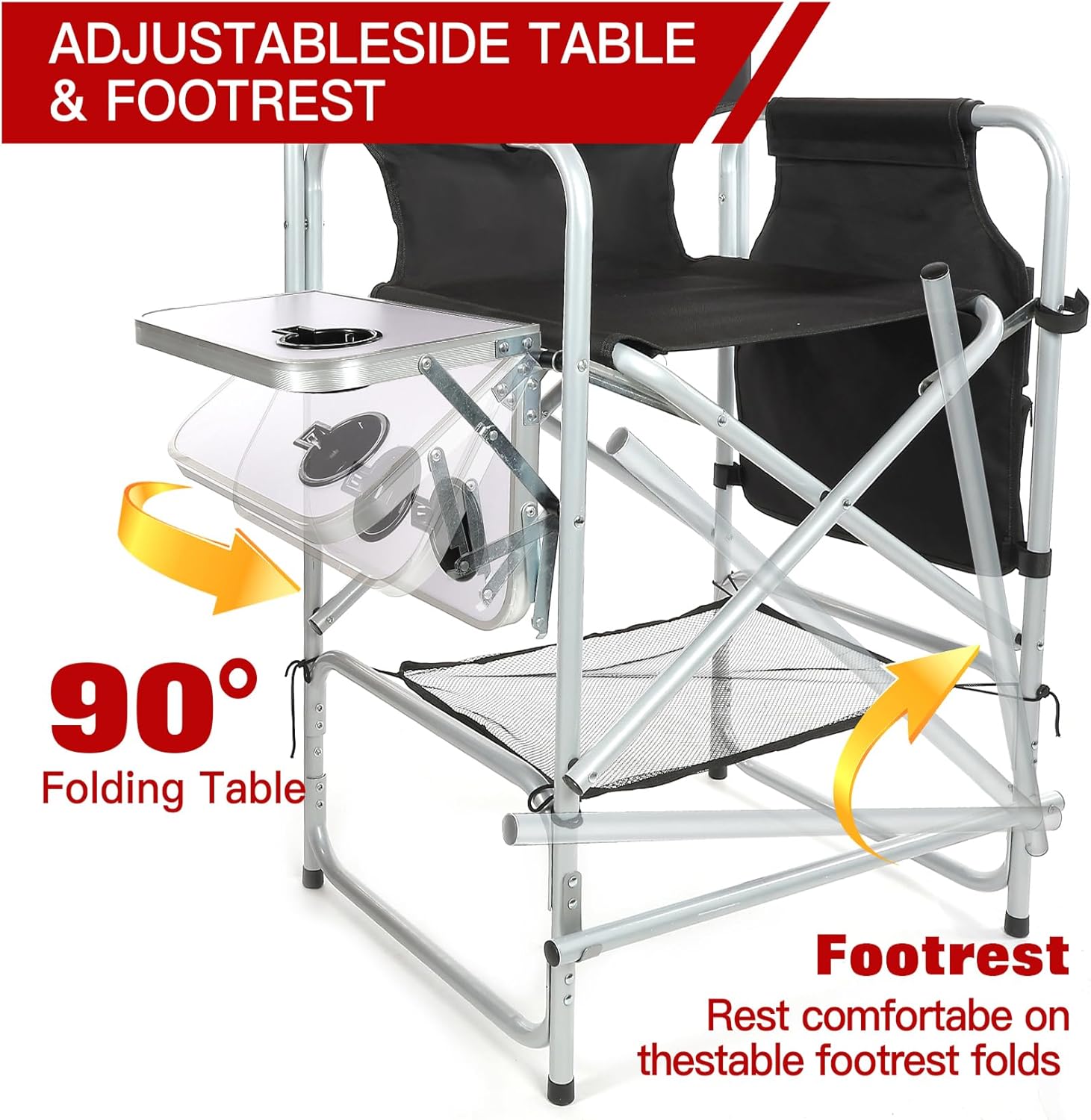 Tall Makeup Chair 41'', Director Chair 600 lbs Foldable Portable, Makeup Chair for Makeup Artist with Table, Cup Holder, Storage Bag & Footrest