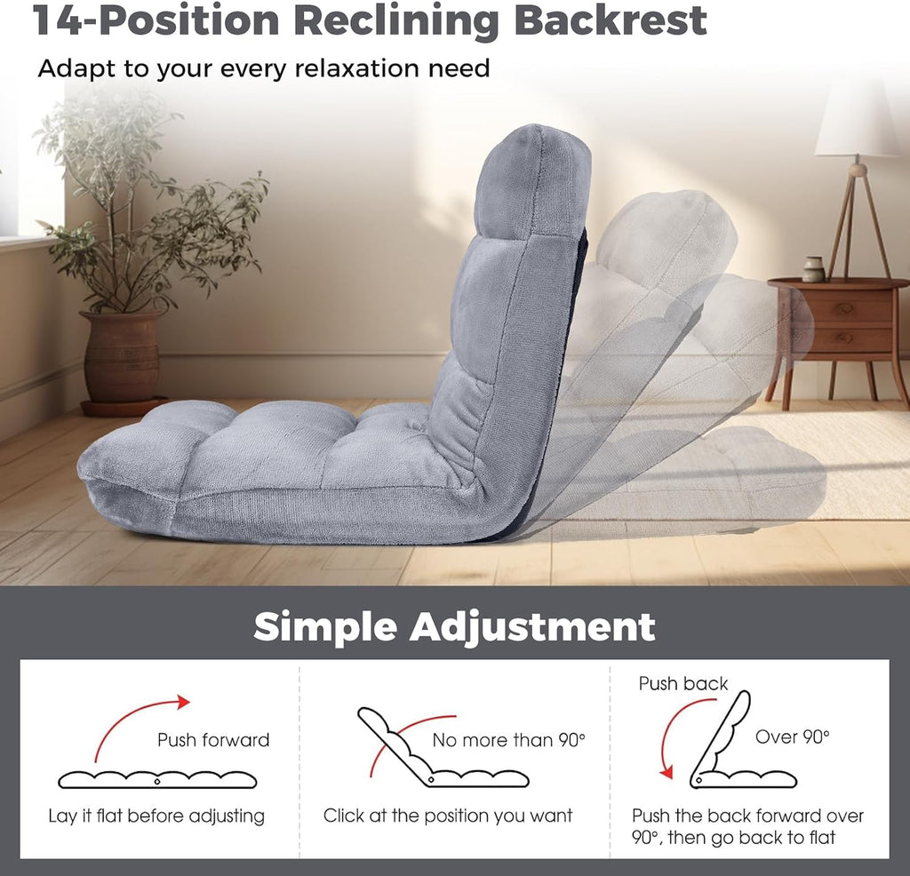 COSTWAY Floor Chair, 14 Positions Adjustable Floor Gaming Chair with Back Support, Flannel Fabric, Folding Floor Seating Lounger for Adults &Kids, Living Room (Grey)