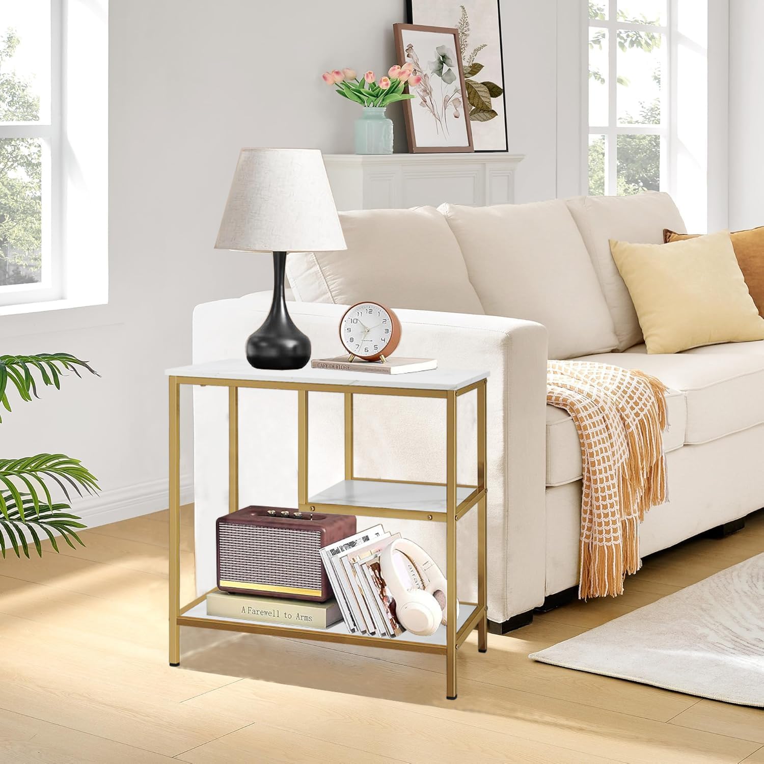 AT-VALY End Table Set of 2, 3-Tier Small End Table, Nightstand for Living Room, Bedroom, Office, Bathroom (Gold)
