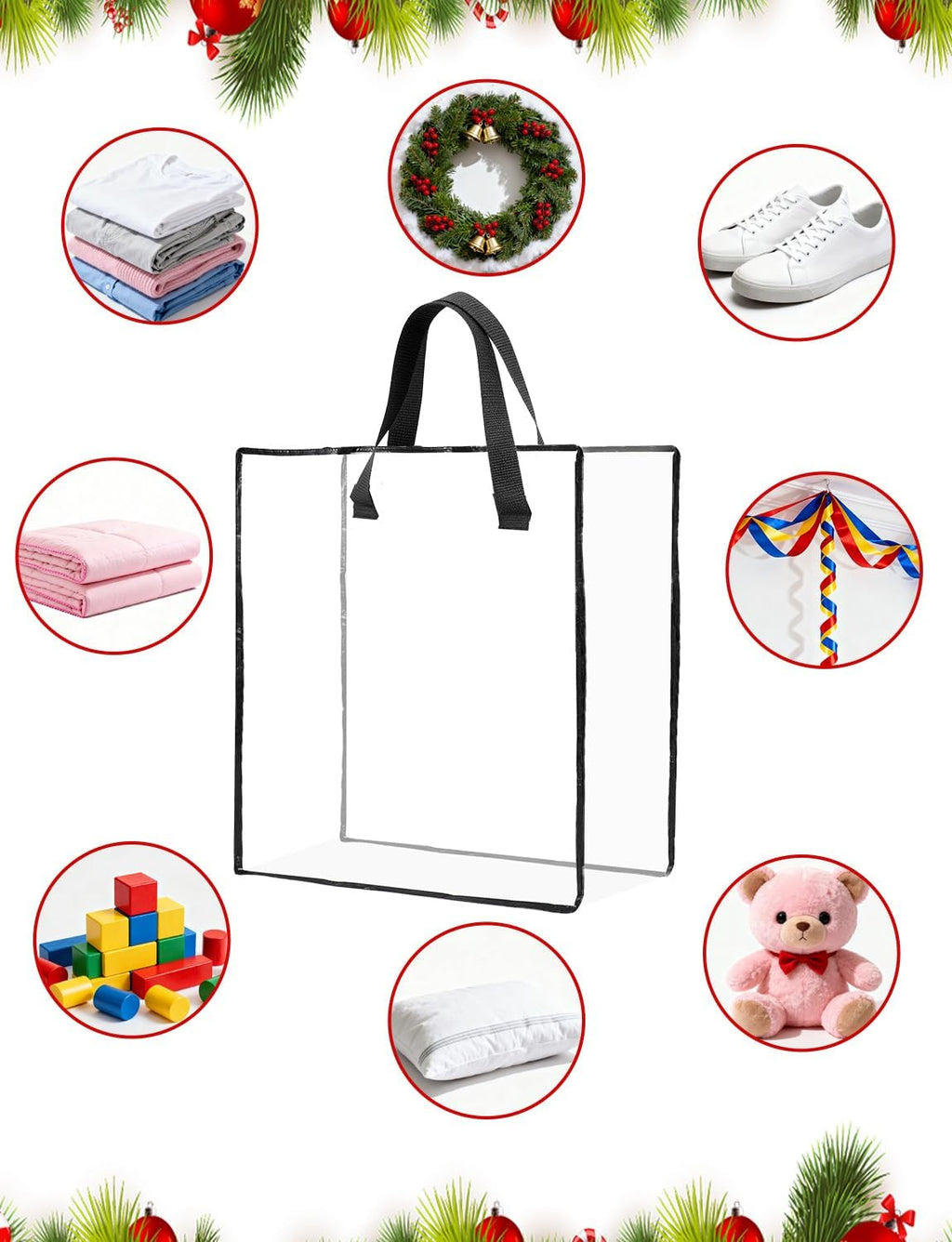 HFKPJRT 10 Pack Wreath Storage Bag, 26" 90 L Garland Container, Wreath Bags for Halloween Christmas Decorations, Large Clear Moving Bags with Handle, Under The Bed Storage for Bedding, Clothing, Toys
