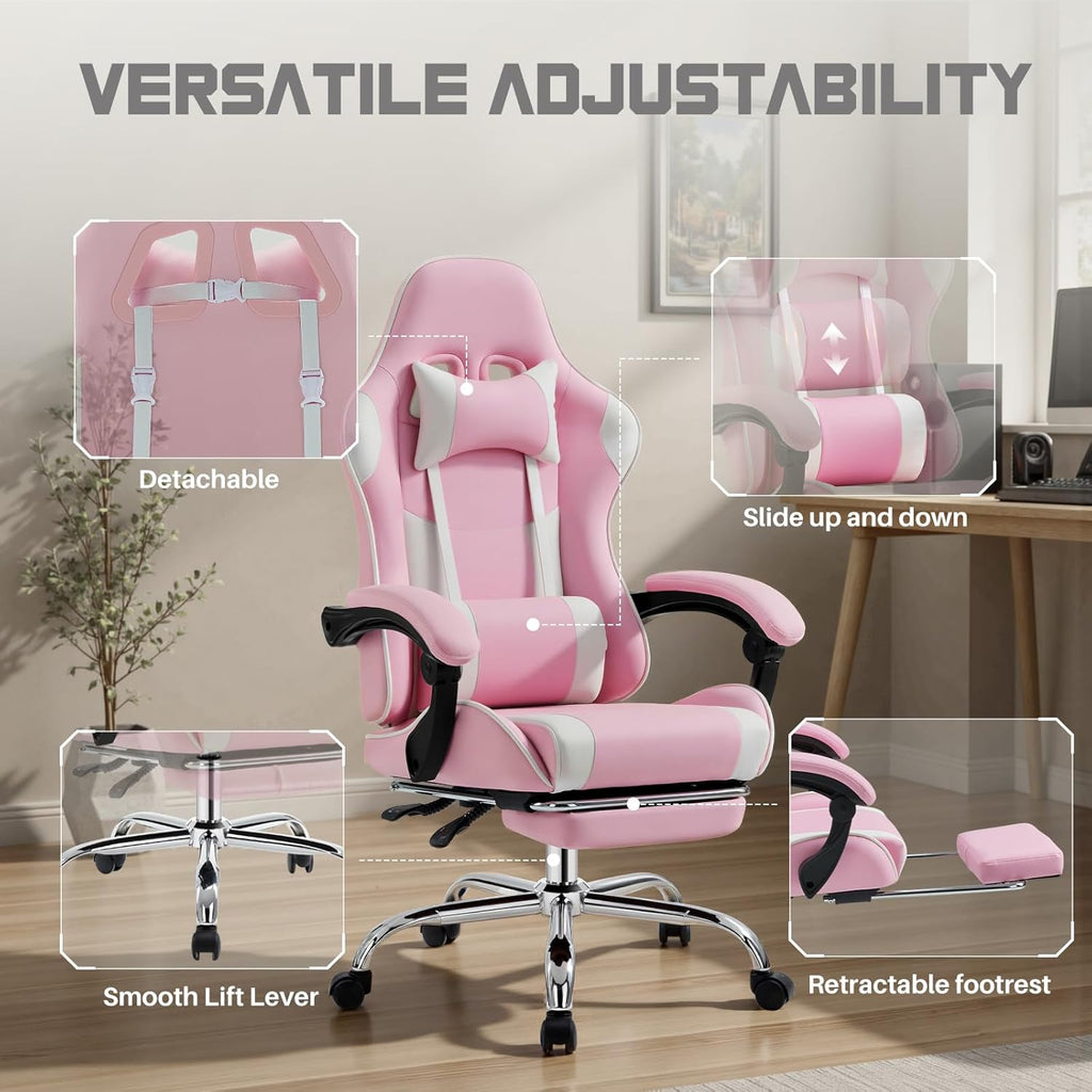 DUMOS Ergonomic Gaming Office Desk Chair with Footrest and Headrest for Adults, PU Leather Video Computer Chair with Linkage Armrests, Height Adjustable 360° Swivel Recling, White Pink