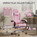DUMOS Ergonomic Gaming Office Desk Chair with Footrest and Headrest for Adults, PU Leather Video Computer Chair with Linkage Armrests, Height Adjustable 360° Swivel Recling, White Pink