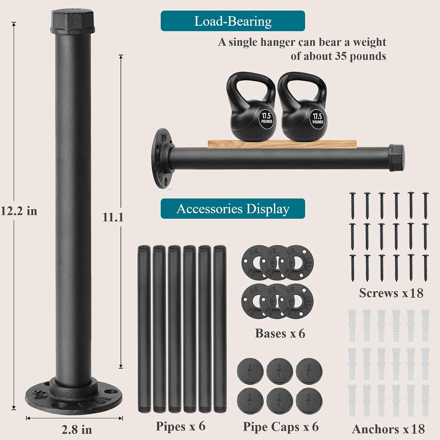 Cast Iron Wall Mounted Clothes Rack, Heavy Duty Industrial Pipe Clothing Rack for Hanging Clothes, Garment Racks for Wardrobe Organizers and Storage, DIY Closet Rods Closet Bar (Black 6 Pack, 12 in)