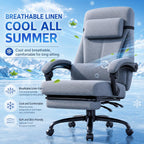 Linen Fabric Gaming Chair with Footrest, Ergonomic Computer Chair with Headrest and Lumbar Support, Height Adjustable 360° Swivel Reclining Chair with Backrest 90° -120° -155° (Grey)