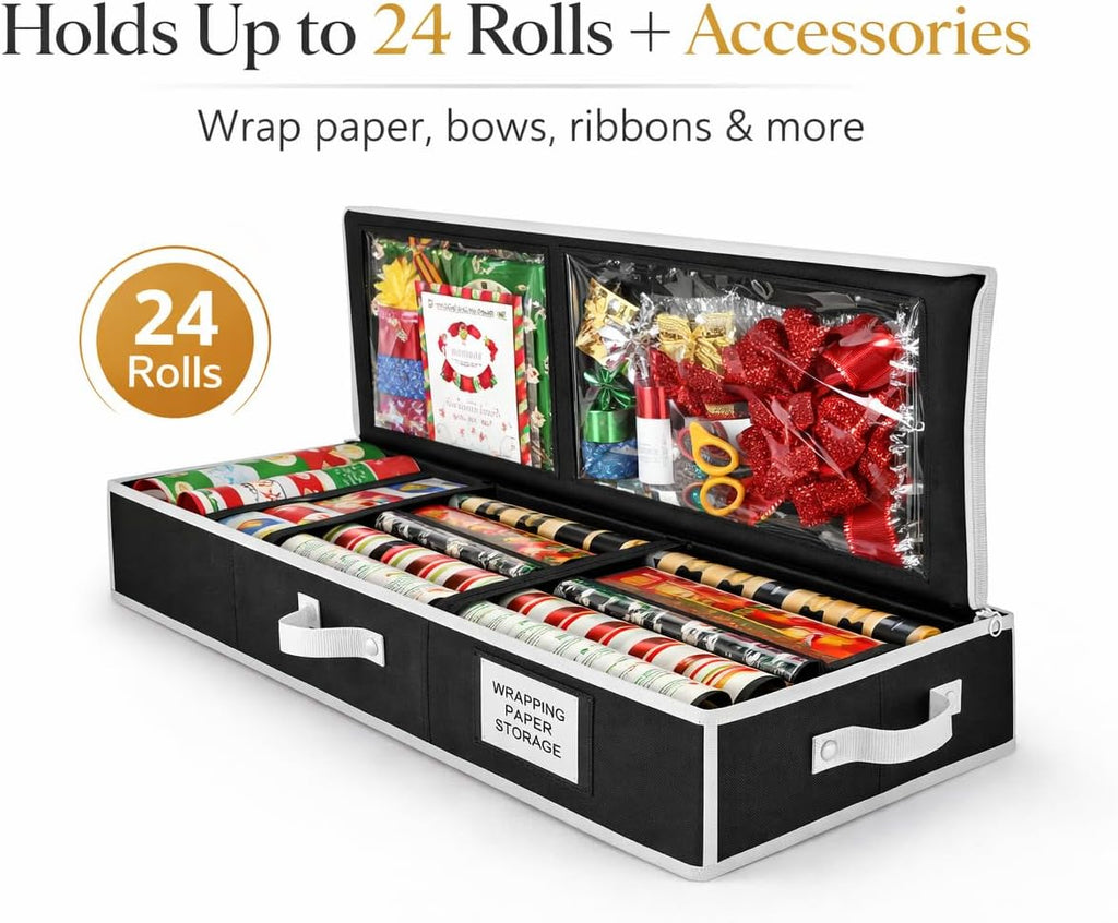 Wrapping Paper Storage Organizer – Under-Bed Gift Wrap & Ribbon Organizer Container (Fits up to 24 Rolls, 40″ × 14″ × 6″) Durable Fabric with Accessory Pockets & Adjustable Dividers