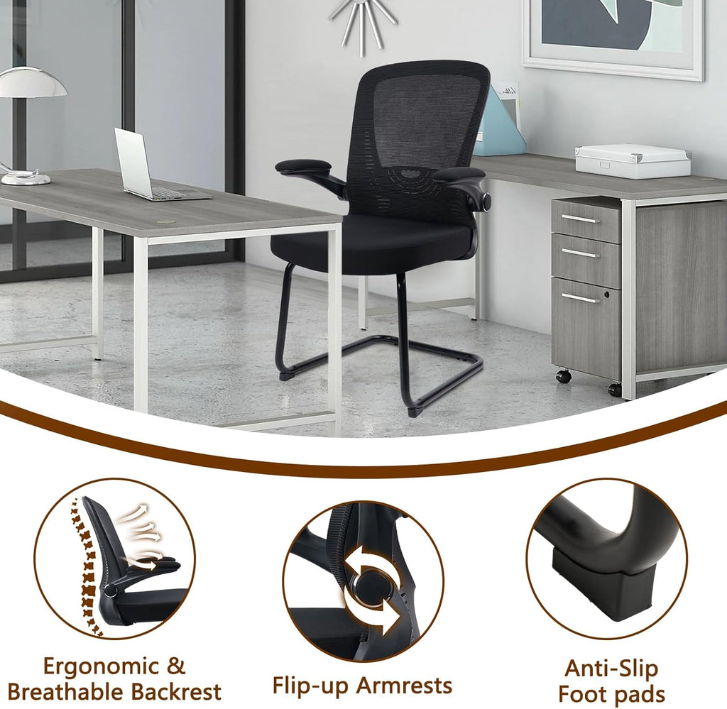 CLATINA Office Guest Chair Sled Base, Ergonomic Mesh Desk Chair Adjustable Lumbar Support and Flip Up Arms, Office Guest & Reception Chairs no Wheels for Conference Room, Black (1PK)