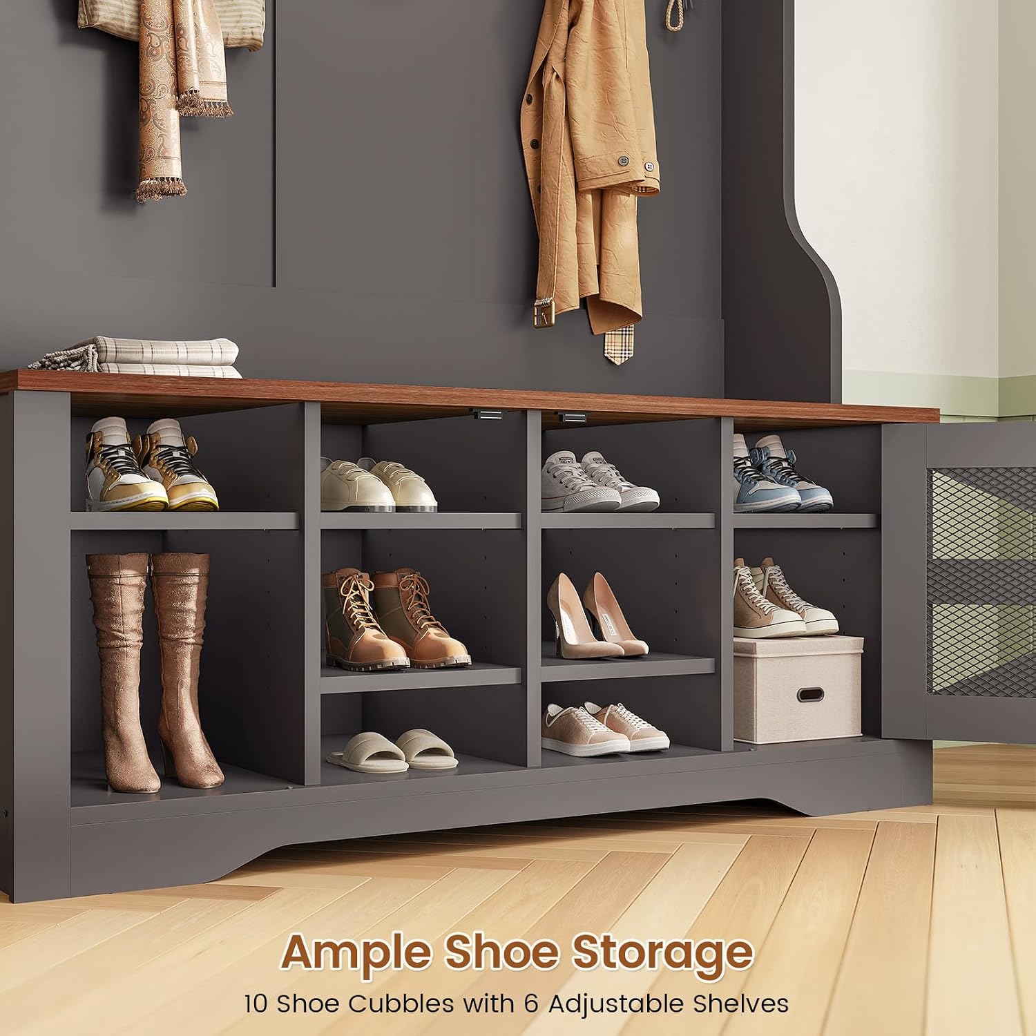 Itaar Hall Tree with Bench and Shoe Storage, 5-in-1 Entryway Bench with Coat Rack, 10 Shoe Cubbies & 9 Coat Hooks, Barn Door & Adjustable Shelf (Black)
