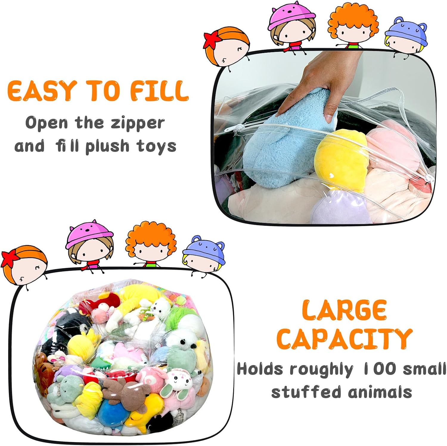 Clear Stuffed Animal Storage Bean Bag Chair Cover for Kids with Zipper | Transparent Waterparoof Wipe Clean Thicker PVC, Holds 100+ Stuffed Animals, Double Zipper for Plush Toys Storage & Organizing