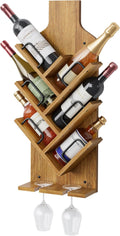 FAVOOSTY Wine Rack Wall Mounted for 6 Wine Bottles, Wall Racks for Wine Bottles Display and Storage with Glass Holder, Wood Wine Rack for Living Room, Dining Room, Wine Cellar, Bar (Light Brown)