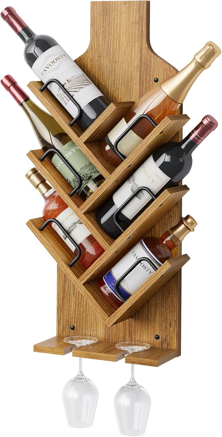 FAVOOSTY Wine Rack Wall Mounted for 6 Wine Bottles, Wall Racks for Wine Bottles Display and Storage with Glass Holder, Wood Wine Rack for Living Room, Dining Room, Wine Cellar, Bar (Light Brown)