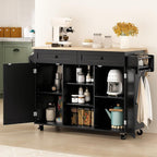 HLR Kitchen Island On Wheels, Black Rolling Kitchen Island Cart with Drop Leaf Countertop, Barn Door Kitchen Islands Table with Storage Cabinet and Tower Rack, Island Table for Kitchen