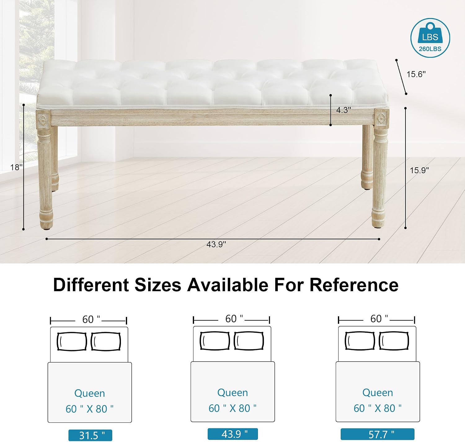 44‘’ Entryway Bench, Upholstered Button End of Bed Bench, Vintage Bench with Carving Pattern Wood Legs, Vanity Foot-Stool, White