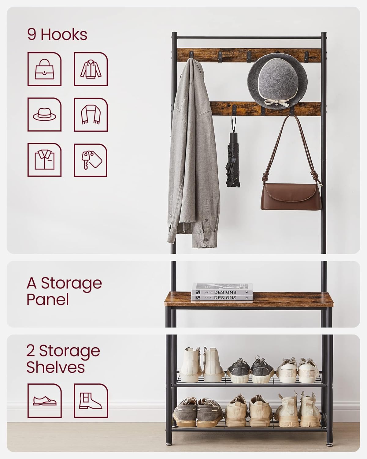 VASAGLE Coat Rack, Hall Tree with Shoe Storage Bench, Entryway Bench with Shoe Storage, 3-in-1, Steel Frame, for Entryway, 12.6 x 27.6 x 68.9 Inches, Industrial, Rustic Brown and Black UHSR41BX