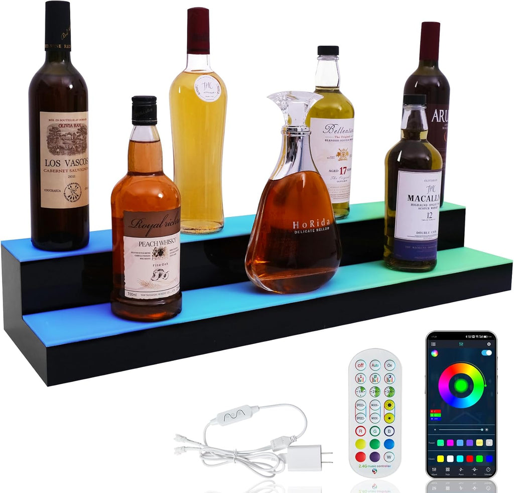 LED Lighted Liquor Bottle Display Shelf, 2 Tiers 30 Inch Bar Bottle Display Shelf with Remote and App Control for Home Bar Party Whiskey Wine Coffee Syrup Water Bottles Display