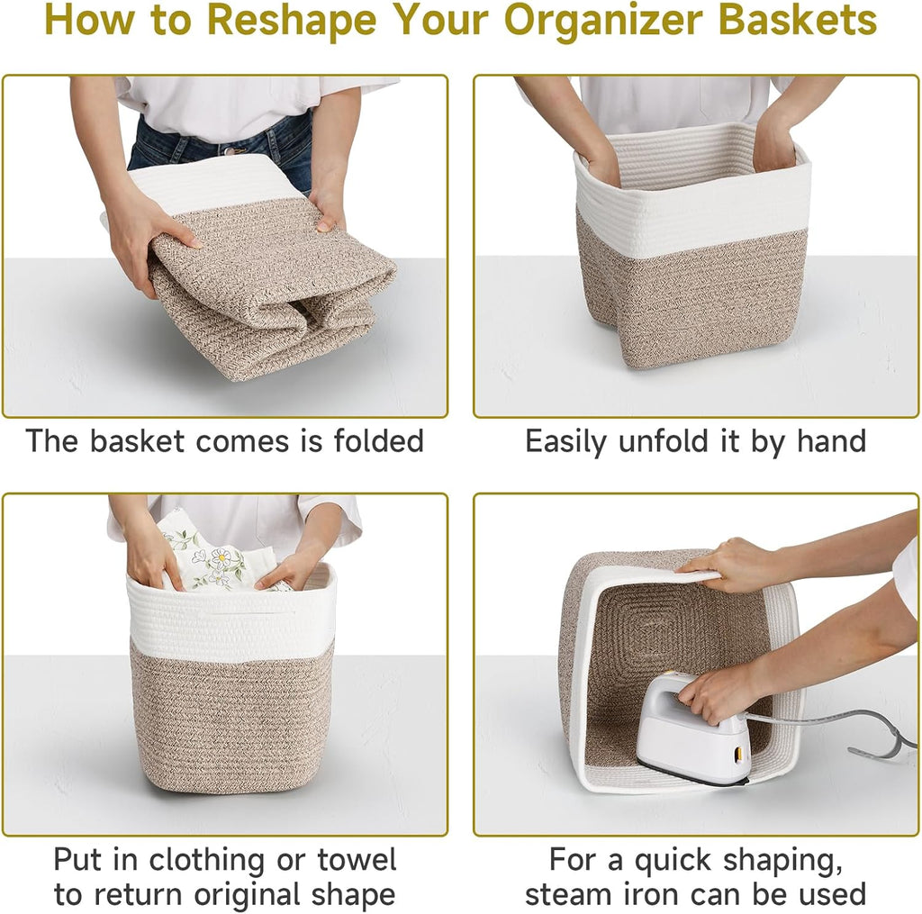 3Pack Cube Storage Bins,Square Storage Baskets for Christmas Decorative,Foldable Trunk organizer for Car,11Inch Durable Cotton Rope Woven Storage Basket for Organizing-Brown Basket for Shelves,Camping