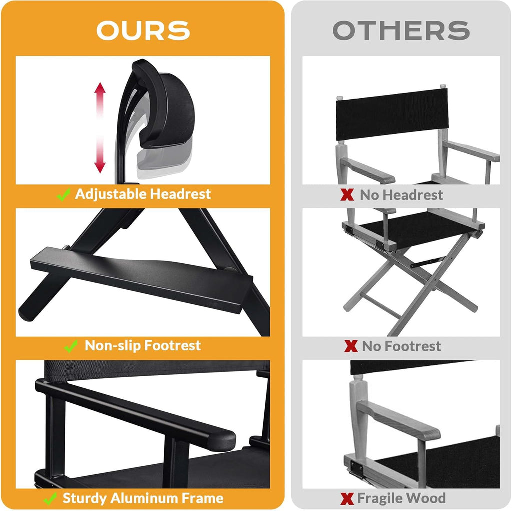 BYOOTIQUE Makeup Artist Stool Chair Protable 28" Height Tall Folding Directors Chair Aluminum Makeup Chair with Head Rest for Wedding Hair Stylist Studio Salon Vanity Craft Show, Black