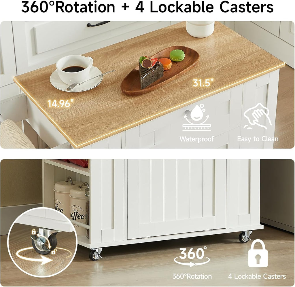 ONBRILL 35" Kitchen Island with Trash Can Cabinet & Power Outlet, Rolling Kitchen Cart with Storage Drawer, 6-Tier Spice Rack, Portable Sideboard Table for Dining Room, Living Room, White