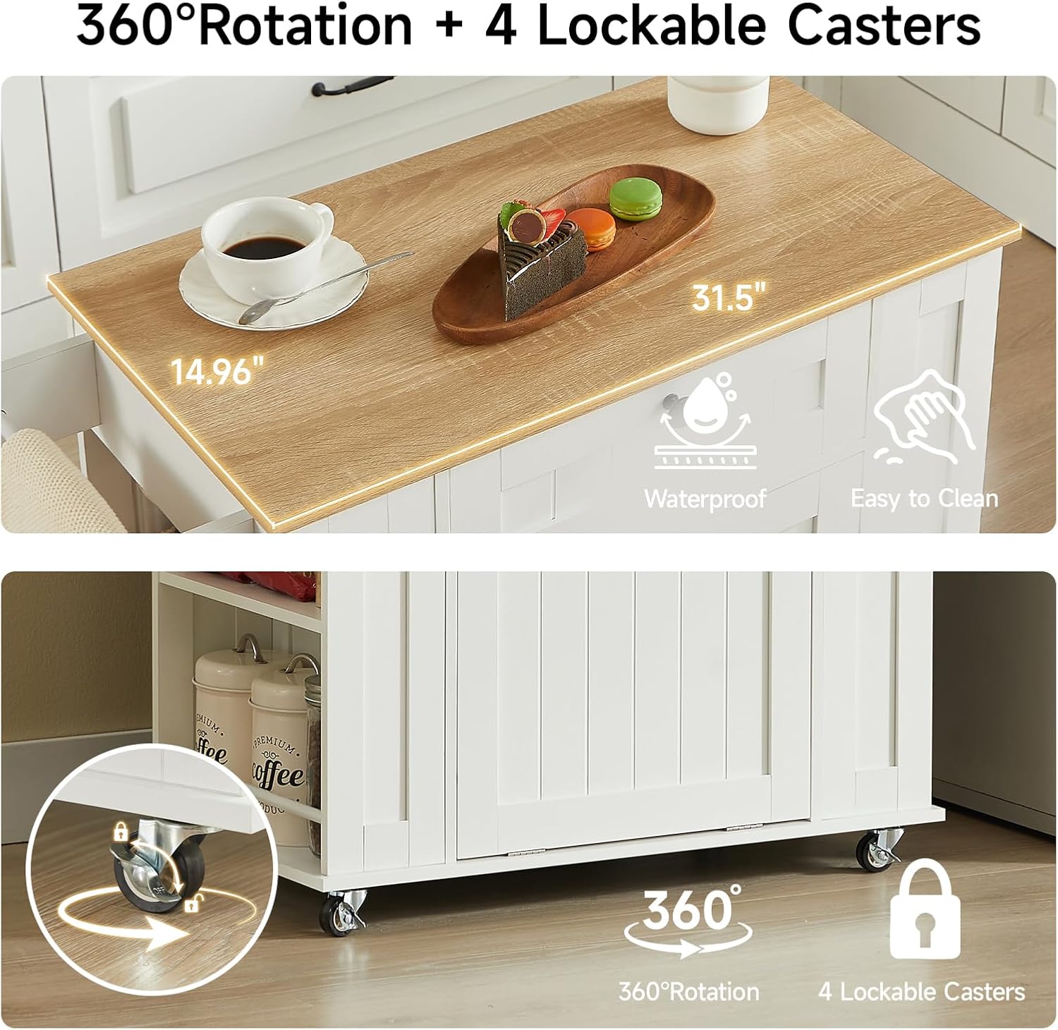 ONBRILL 35" Kitchen Island with Trash Can Cabinet & Power Outlet, Rolling Kitchen Cart with Storage Drawer, 6-Tier Spice Rack, Portable Sideboard Table for Dining Room, Living Room, White