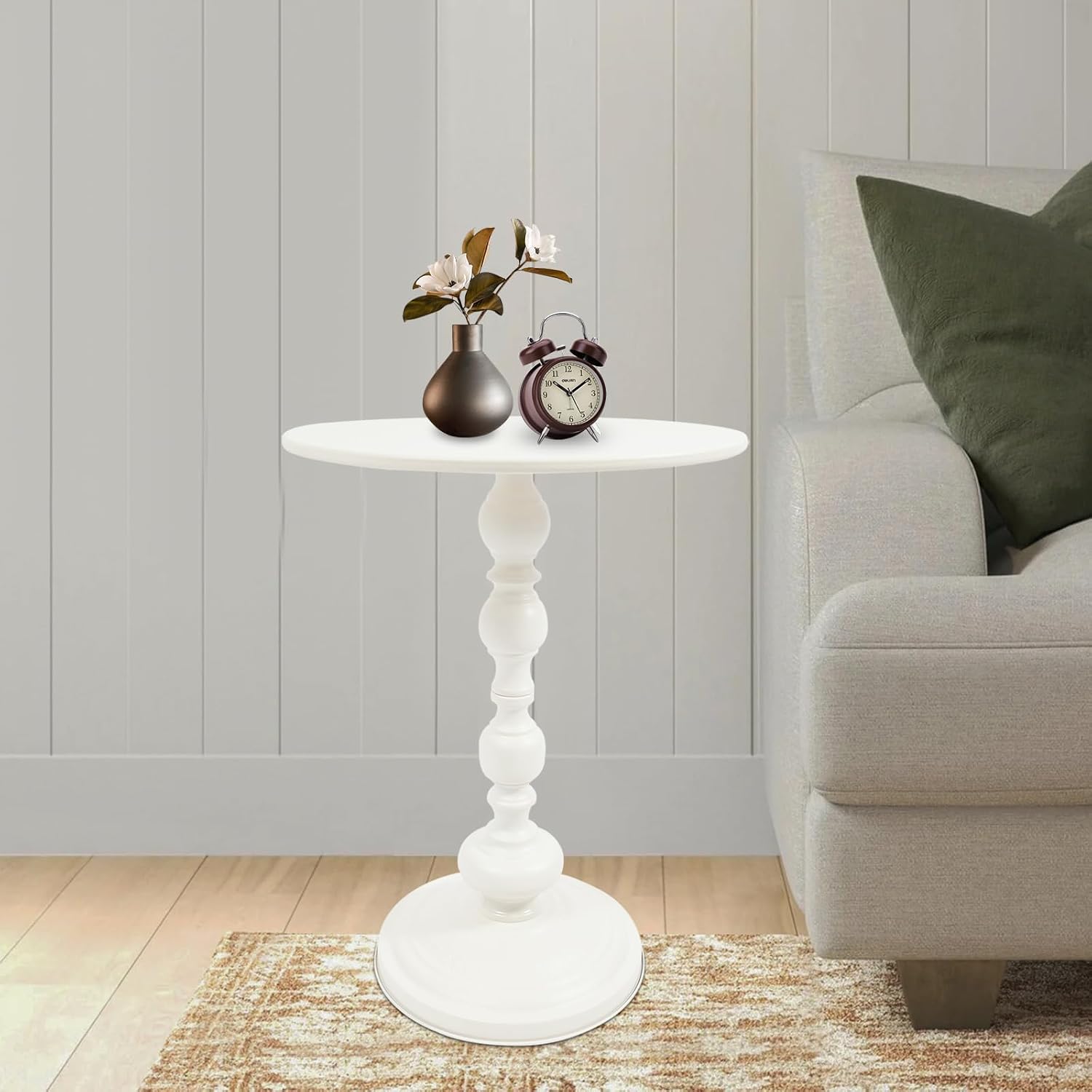Pedestal Metal Round Side Table Round Small Accent Table Multifunctional Vintage Coffee Table for Living Room, Bedroom, Office, bar and Patio (White)