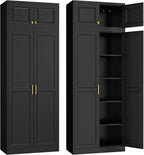 Steeloong86“ Kitchen Pantry Cabinet,Metal Storage Cabinets with Doors and 4 Adjustable Shelves,Black Kitchen Cabinet with 4 Gold Handles,Tall Cabinet for Livingroom,Pantry, Bathroom