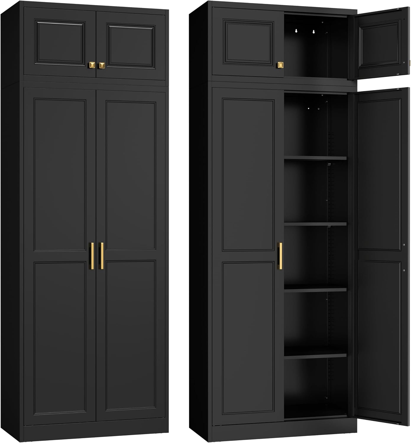 Steeloong86“ Kitchen Pantry Cabinet,Metal Storage Cabinets with Doors and 4 Adjustable Shelves,Black Kitchen Cabinet with 4 Gold Handles,Tall Cabinet for Livingroom,Pantry, Bathroom