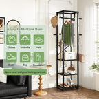 IBUYKE Freestanding Coat Rack,with 3 Shelves and 8 Hooks,Black UTMJ088B | Metal Frame,Industrial Hall Tree,Clothes Stand for Entryway, Hallway, Bedroom,Office, Living Room