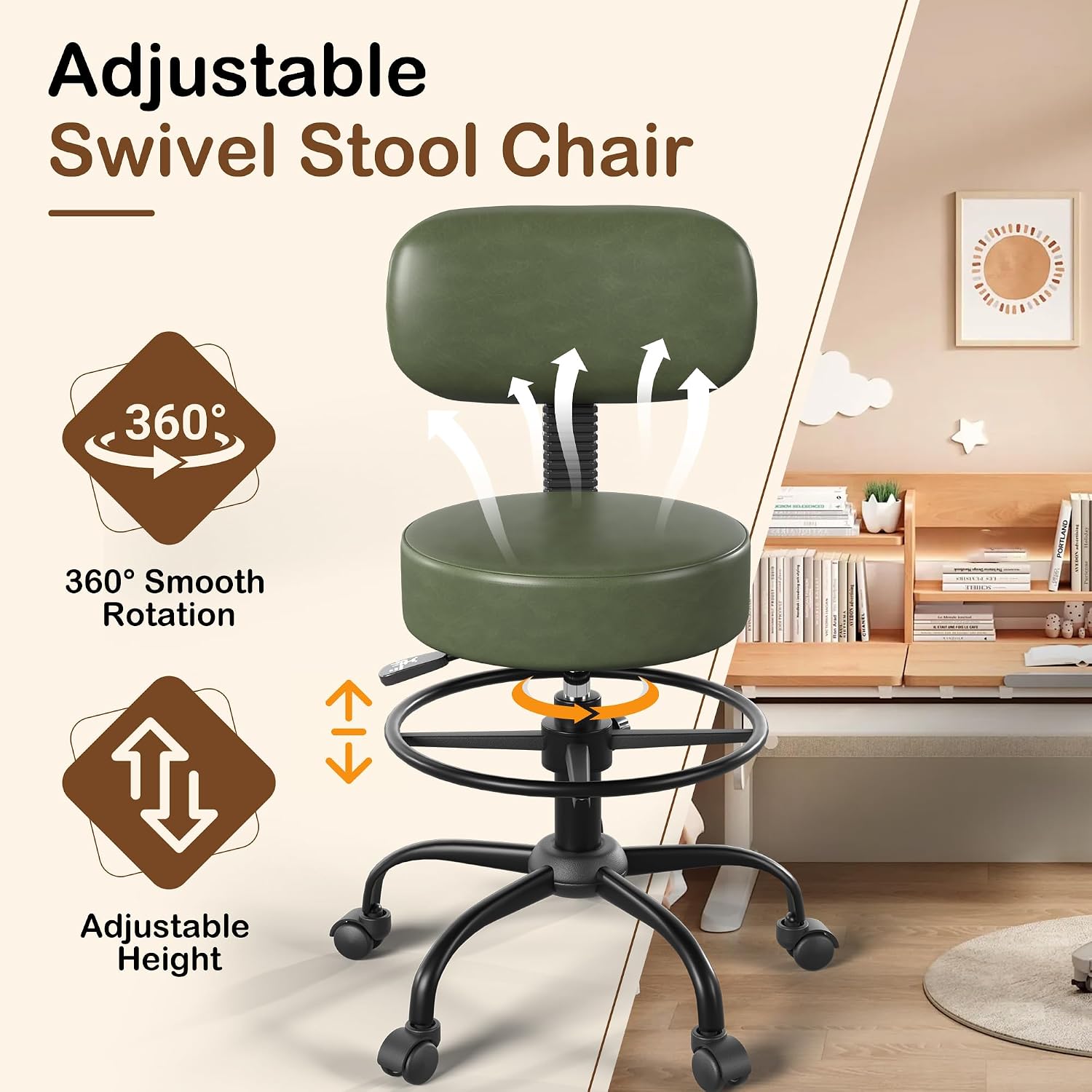 Drafting Chair with Back Support, Adjustable Foot Rest Rolling Stool, 360° Swivel Office Desk Chair with Wheels, Thick Seat Cushion for Home Bar Salon Tattoo Shop (1, Green)