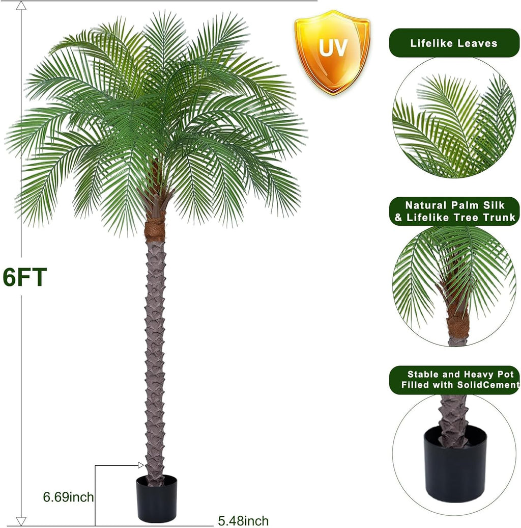 6ft Artificial Phoenix Palm Tree, Faux Coconut Silk Tropical Fake Palm Plant for Indoor Outdoor Home Office Patio Bathroom Pool Coastal Decor(Set of 2)
