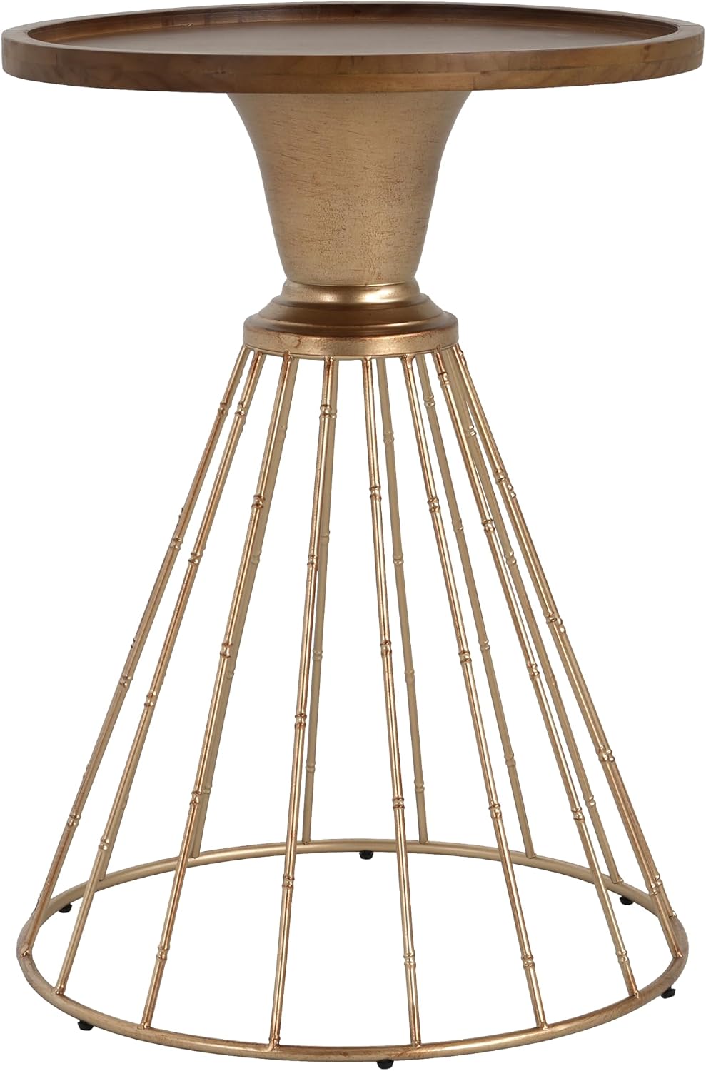 25" Pine Wood & Iron Side Table, End Table with Anti-Slip Concave Top, Small Table with Retro Hollow Design for Indoor Spaces, Antique Gold,Natural