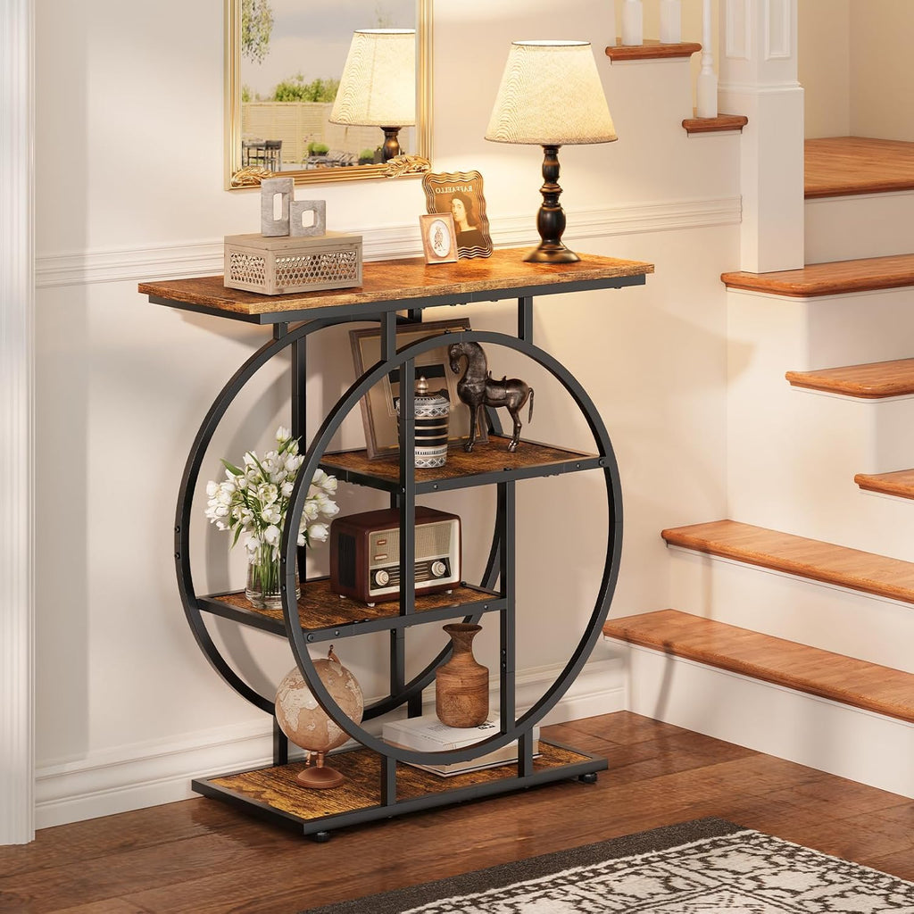Small Entryway Console Table, 31.5" Narrow Sofa Table Behind Couch with Modern Curved Metal Frame, Skinny Wood Entry Table for Hallway, Entrance, Living Room, Wall, Foyer, Front Door, Rustic Brown